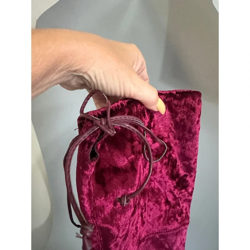 Burgundy Crushed Velvet Over The Knee Boots Block Heel Pointed Toe Size 7.5